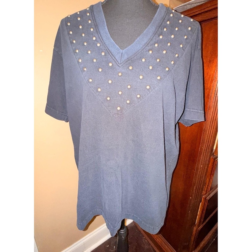 Neiman Marcus Studded‎ V-Neck T-Shirt Women L Black Good Vintage 90s USA Made